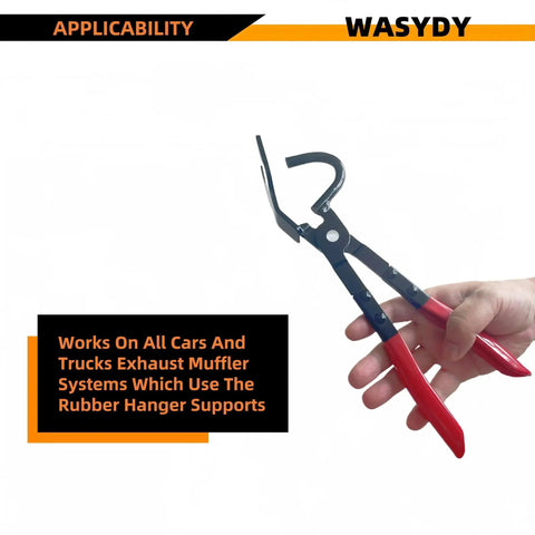 Exhaust Hanger Removal Tool With Rubber Bracket Pliers For All Hangers held in hand showing red handles and clamp mechanism.