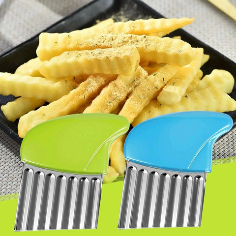 Two Pack Crinkle Cutter Set For Potatoes And Vegetables Stainless Steel Waffle Fry Cutters For Making Waffle Fries Carrot Chips And More Durable Kitchen Knife With Safe PP Handle In Green And Blue with waffle fries in background.