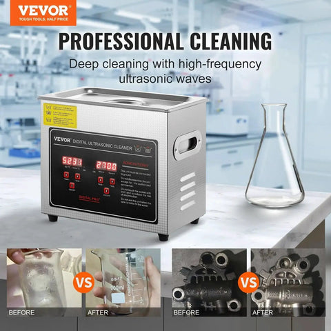 Front view of VEVOR ultrasonic cleaning machine, stainless steel with digital timer and heater, 3 L capacity