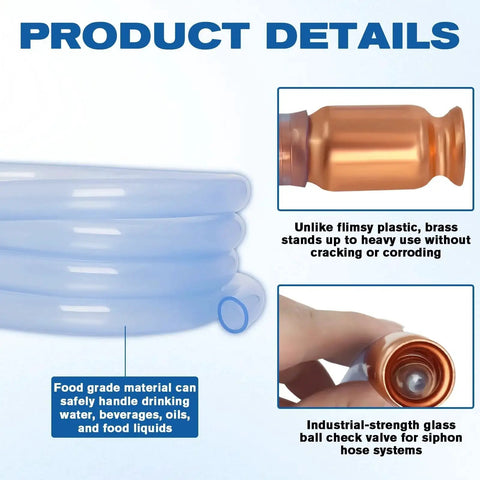 One Half Inch Siphon Hose for Gasoline and Water Transfer Self Priming 10ft with copper pump and glass ball valve details