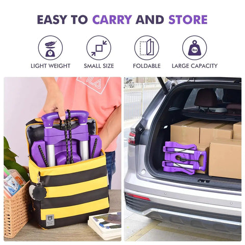 Heavy Duty Folding Hand Truck With Adjustable Height for Luggage and Moving, 110 LB Capacity, shown stored in a car and bag, purple.