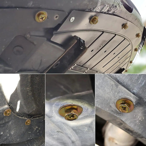 Close-up of Heavy Duty 20x M6 1.0 Car Body Bolts with 10mm Hex Head and 17mm Washer plus U Nuts Clips in use on car undertray.