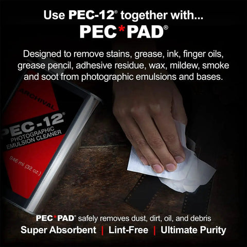 Hand using PEC Pad with PEC-12 Photographic Emulsion Cleaner, designed for stain and residue removal on photo prints.