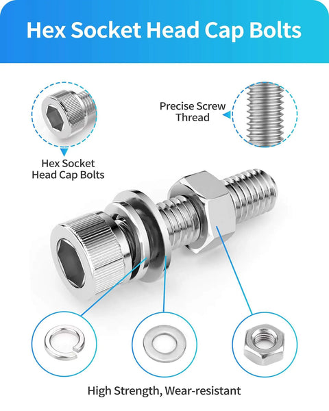 Hex socket head cap bolts with washers and nuts showing precise screw thread for Go To Metric Screw And Bolt Kit With 2000 Pieces In M2 M3 M4 M5 Sizes Including Lock Washers Flat Washers And Nuts 304 Stainless Steel Hex Socket Head Cap Screws For Electronics And DIY Projects Bolts And Nuts Set Silver.