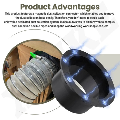 4 Inch Magnetic Dust Collection Connector With Dust Control Flex Cuff attached to hose and equipment in woodworking shop