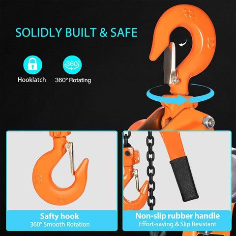 Lever Chain Hoist 3/4 Ton 1650 Lbs Capacity 10 Feet With 2 Heavy Duty Hooks Durable Alloy Steel Construction Safety Hook
