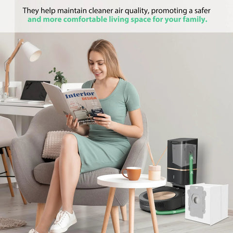 20-pack vacuum bags for iRobot Roomba i/j, s9+ series; Roomba vacuum with white packaging box in living room