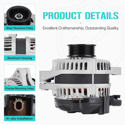 Direct Fit Alternator Replacement For Accord 3.5L 2013 2017, Crosstour 3.5L, side view featuring aluminum housing and pulley