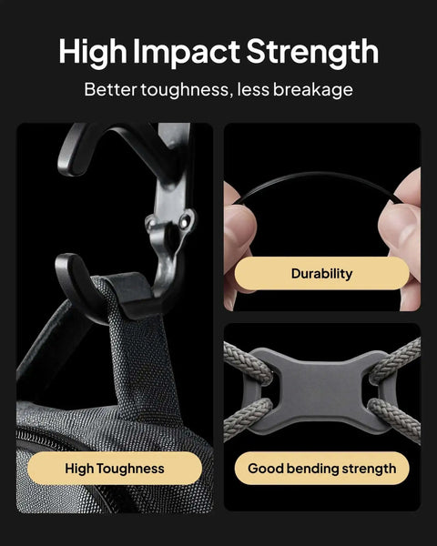 Close-up of hand demonstrating the flex and durability of a black cord against a backdrop showing hooks and a strap for high impact strength.