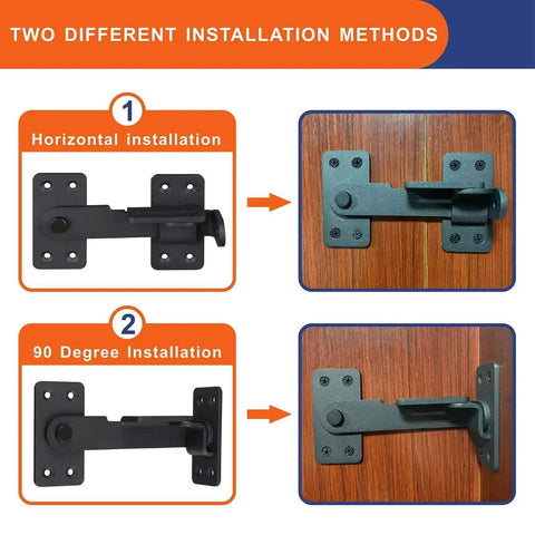 Heavy Duty 90 Degree Gate Latch With Padlock Hole for Barn Doors Fences Cabinets and Windows shown in two installation methods