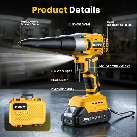 Cordless Electric Rivet Gun Kit With 20V Max Battery, Brushless High Torque Riveting Tool, shown with labels for features