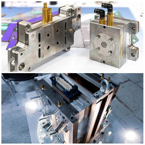 Metal components with fittings and connectors for a machinery setup, showcasing intricate engineering and precision parts.