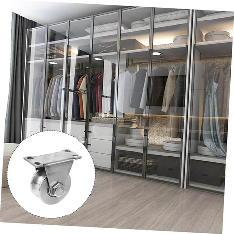 Stainless Steel Sliding Door Rollers Set For Heavy Duty U Groove Tracks With Double Bearings, installed on a wardrobe cabinet