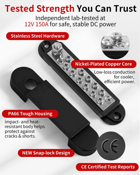 12V 150A Power Distribution Block Bus Bar With 1/4 Inch Stud Terminal featuring stainless steel hardware and snap-lock cover.