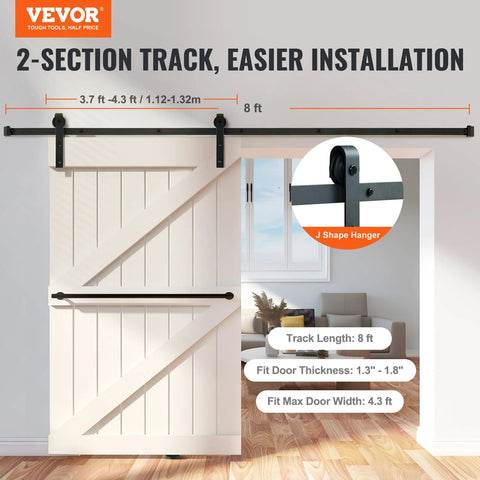 Eight Foot Sliding Barn Door Hardware Kit With 330 Lbs Capacity For A Single Door Fits 3.7 To 4.3 Feet Wide And 1.3 To 1.8 Inches Thick Panels Smooth Silent J Shape Pulley Two Section Tracks Heavy Duty Track System installed on white barn door.