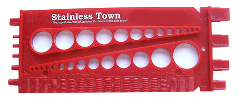 Nut Bolt Thread Gauge measures diameter, thread pitch and length of nuts, bolts and screws, red plastic tool.