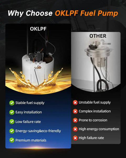 Comparison between OKLPF and other fuel pumps highlighting stability, installation, and materials.
