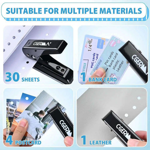 Heavy Duty Single Hole Punch With One Quarter Inch Hole 30 Sheet Capacity used on paper, bank cards, postcards, and leather