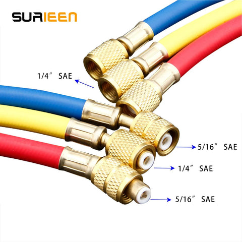 SURIEEN refrigerant charging hoses set, 60in, brass 1/4 SAE and 5/16 SAE fittings for R410A HVAC manifold gauge kit (3 pcs)