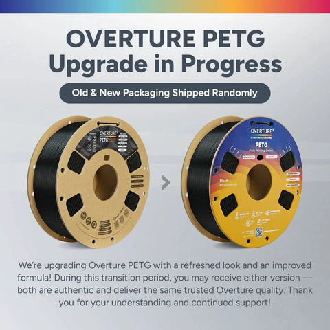 Overture PETG upgrade showing two PETG 3D Printer Filament 1.75mm Black Neatly Wound 1kg Spool Durable Filament With Strong Toughness And High Dimensional Accuracy Within 0.02mm Fits Most FDM Printers For Functional Parts And Outdoor Use Easier To Print Than ABS in new and old packaging.