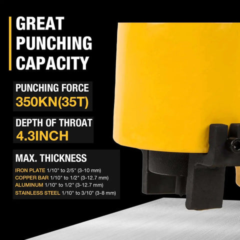 CH70 35T Hydraulic Hole Punch Tool showing great punching capacity, punch force of 35T, and depth of throat 4.3 inches.