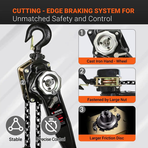 3 Ton Manual Lever Chain Hoist With 10ft Lift G80 Galvanized Steel Come Along showing braking system and control features