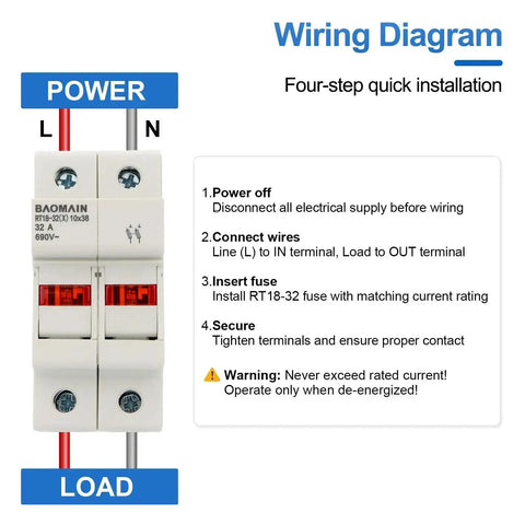 Wiring diagram for RT18-32 Two Pole Fuse Holder Base with 10x38mm 20A Ceramic Fuses, DIN Rail Mount, LED Indicator, CE Certified.