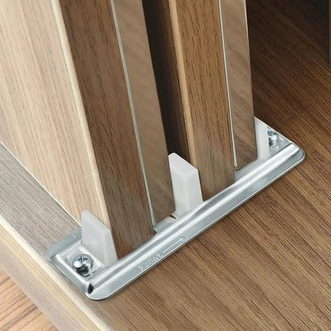 Sliding Wardrobe Door Bottom Track Guide Set With Bypass Kit For 3/4 Inch To 1 3/8 Inch Thick Cabinet Doors Includes Four Floor Tracks Nickel Plated Iron And Plastic Construction For Durable Easy Installation, installed view