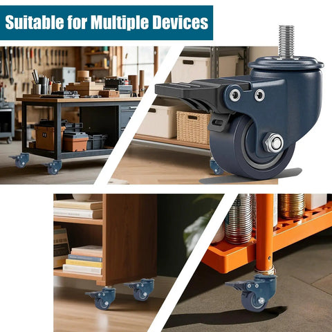 Heavy Duty M8 1.25 Threaded Stem Caster Wheels Set Of 4 1.6 Inch Swivel PU Castors With Locking Brake Blue Small Caster Wheels