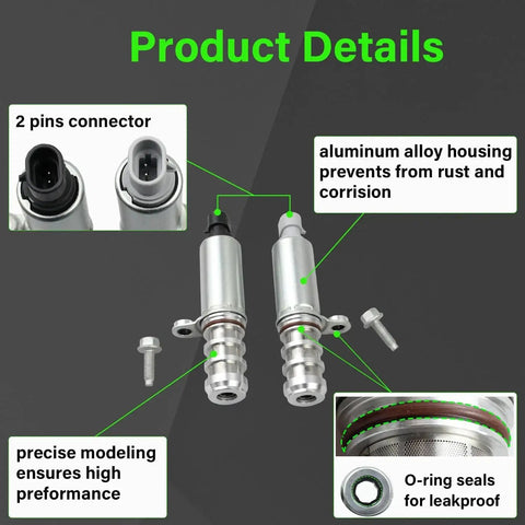 Two Piece Engine VVT Intake And Exhaust Camshaft Variable Timing Solenoid Valve Kit For GM 2 0L 2 2L And 2 4L Engines Fits 2010 2017 Equinox HHR Malibu Cobalt Captiva Orlando Terrain And More Replaces OE 12655421 12655420 Plug And Play Ready focusing on aluminum body and O-rings
