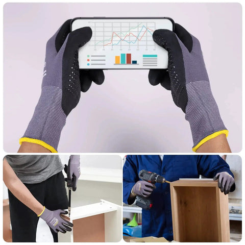 MicroFoam Nitrile Coated Work Gloves With Dot Grip For Dexterity 6 Pairs in use for assembly and maintenance tasks