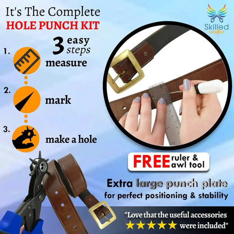 Leather Belt Hole Punch Set With Case Heavy Duty Revolving Punch In Six Hole Sizes Includes Ruler And Awl Tool Pro Grade Kit