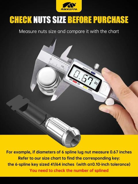 Digital caliper measuring lug nut for 8 Piece Pro Grade Spline Lug Nuts Socket Set With Locking Nut Removal Tool Kit for easy removal.