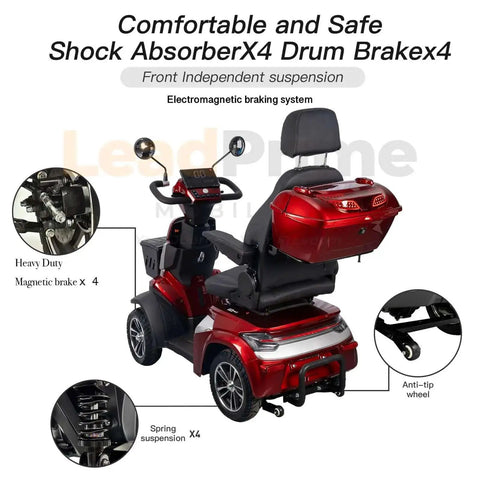 Heavy Duty Mobility Scooter For Seniors With 450 Lb Capacity, 500W Motor, 12 MPH Top Speed, 25 To 37 Mile Range, USB Charging Port, Remote Lock Storage Basket, Electromagnetic Brake For Outdoor Errands showcasing suspension and brakes.