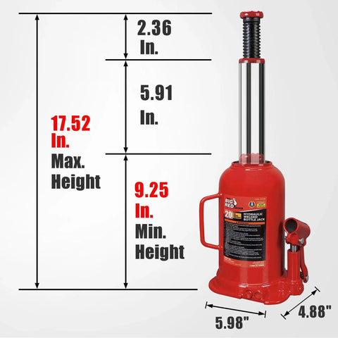 20 Ton Hydraulic Bottle Jack For Auto Repair And Home Lift With Welded Saddle, shown with height dimensions and red steel body