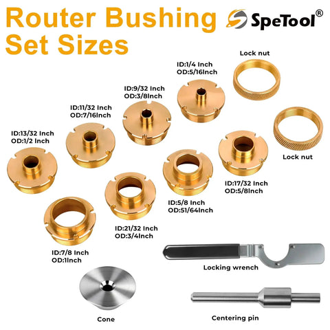 Pro Grade 13 Piece Brass Router Templates Bushing Guide Set With Locking Wrench Centering Pin And Aluminum Case; various size bushings, cone, and wrench displayed.