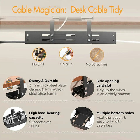 Under Desk Cable Management Tray With 17 To 30 Inches Retractable Cord Organizer and Clamp Mount Wire Basket features.