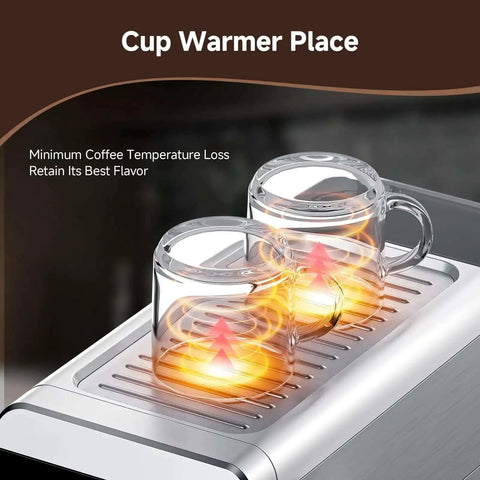 Espresso Coffee Machine With 20 Bar Pressure, LED Touch Screen showing cup warmer with two glass mugs retaining heat