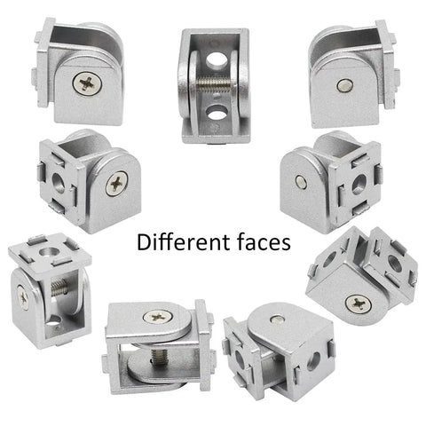 Multiple angles of 4 Piece Black 2020 Aluminum Extrusion Pivot Hinge Swivel Angle Bracket With Handle For 20 Series 20x20 hardware kit.