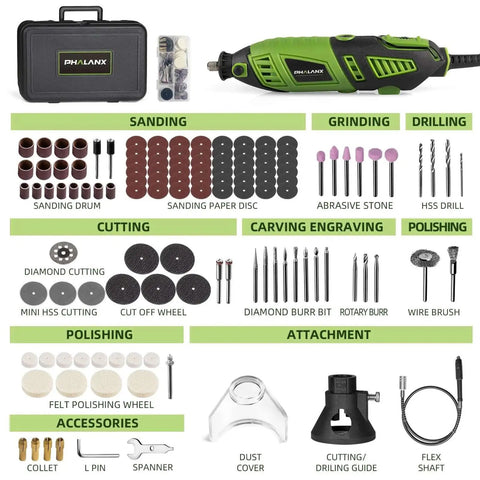 Powerful 180W Rotary Tool Kit With Flex Shaft Six Variable Speeds From 8000 To 32000 RPM 139 Piece Accessories Set visible