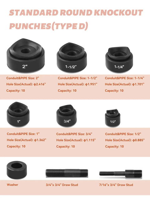Standard round knockout punches for Heavy Duty Hydraulic Knockout Hole Punch Kit 1/2 To 2 Inch Conduit Cutter Set, includes multiple sizes.