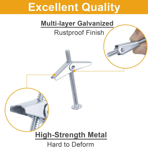 Close-up of Hollow Wall Anchors Set 44 Pc Heavy Duty Toggle Bolts And Wing Nuts Kit showing galvanized finish and metal strength labels