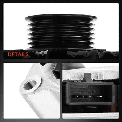 Close-up of 6-groove pulley, electrical connector, and mounting hole on Reliable 12V 105Amp Alternator Swap In Ready for GM vehicles.