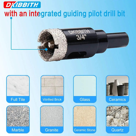 Three Quarters Inch Diamond Hole Saw Set with Pilot Bit shown close-up, for porcelain tile, ceramic stone, granite, glass, 20mm size