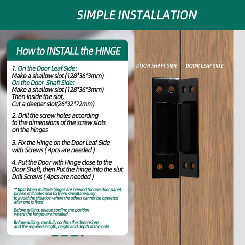 Installation guide for Hidden Door Hinge Set for 5 Inch Doors Black 304 Stainless Steel Rock Solid Heavy Duty Invisible Hinge 120 Degree 3mm Thick 4 Pieces Includes 32 Screws and Mounting Hardware Riyhch showing door shaft and leaf sides.
