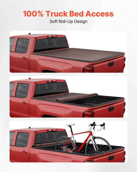 Soft Roll Up Truck Bed Tonneau Cover For 6 Ft 4 In Beds Built To Last Fits 2019 2024 Ram 1500 Classic And 2003 2025 Ram 2500 3500 deployed on red truck, showing bike in bed.