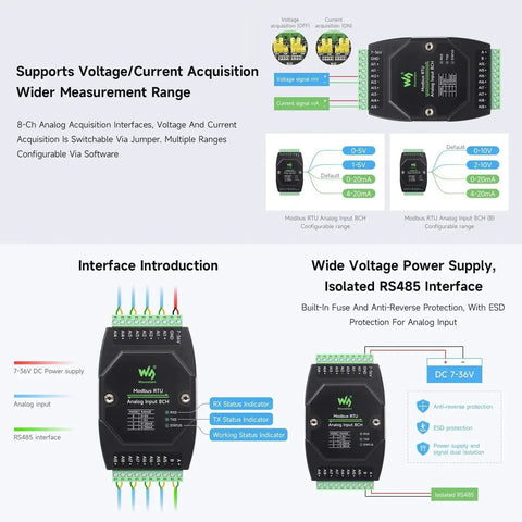 Diagram of Industrial 8 Channel Analog Acquisition Module with Interface Introduction and Power Supply Details.