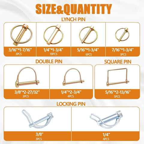 Various sizes of pins from 270 Piece Heavy Duty Hitch Pin Clip Assortment Kit For Tractors Trailers Trucks And Attachments Linch Pins Cotter Pins R Clips Hair Pins For Farm Mowers Lawn Care And Garden Use displayed on a chart.