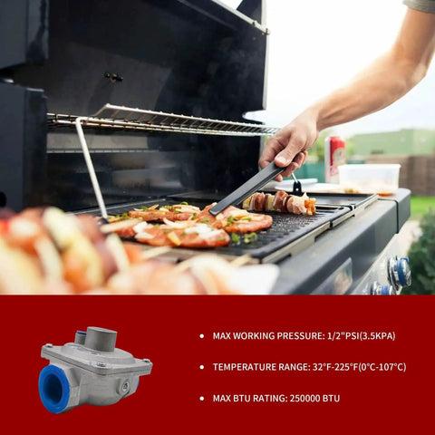 Person grilling with natural gas pressure regulator for reliable gas delivery one inch inlet outlet three quarter inch FPT thread.