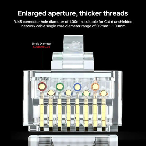 Front view of Cat6 RJ45 Modular Plug Connector with Load Bar showing enlarged aperture and gold-plated contacts for Ethernet.